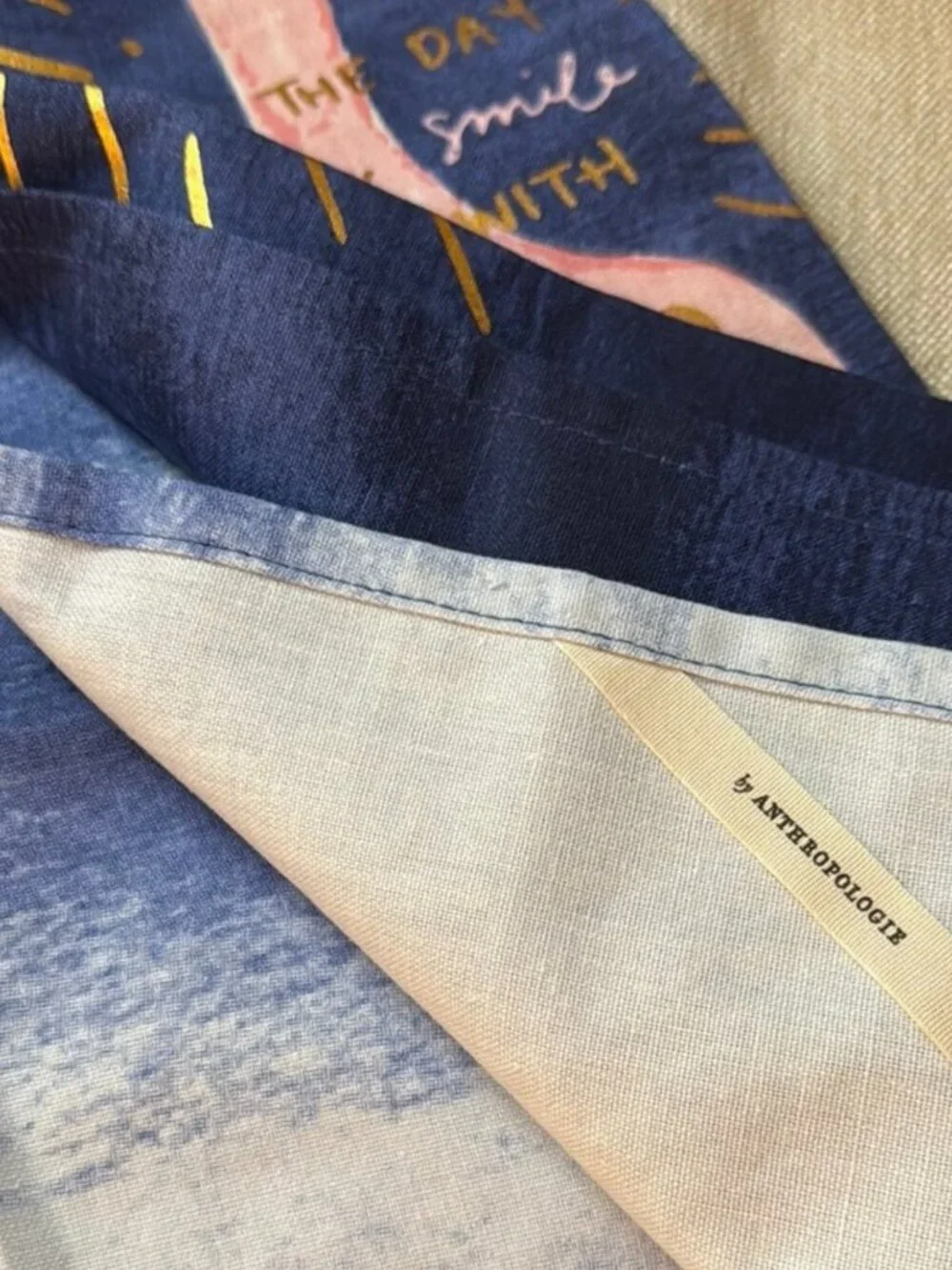 Anthropologie NWOT Champagne Tea Towel, Blue/Pink/Gold